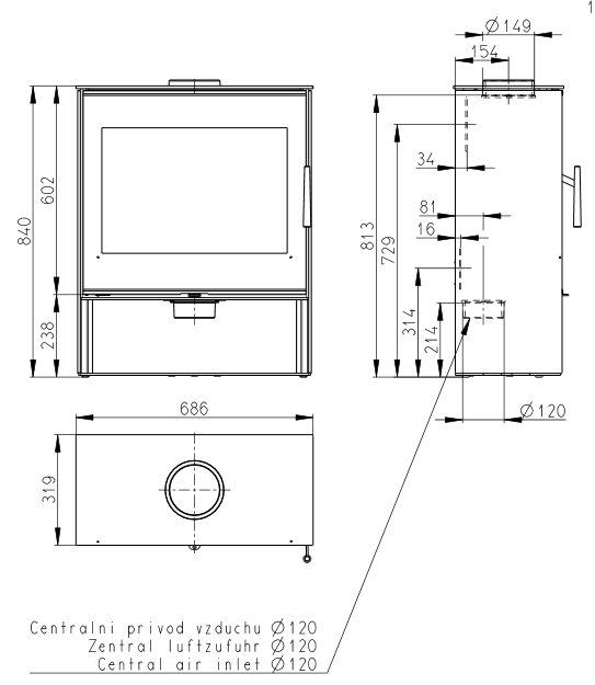 Malkinė krosnelė Aledo 03 6kW išmatavimai