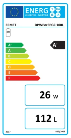 ERMET Horizontalus dviejų apvalkalų vandens šildytuvas 100ltr energinė etiketė