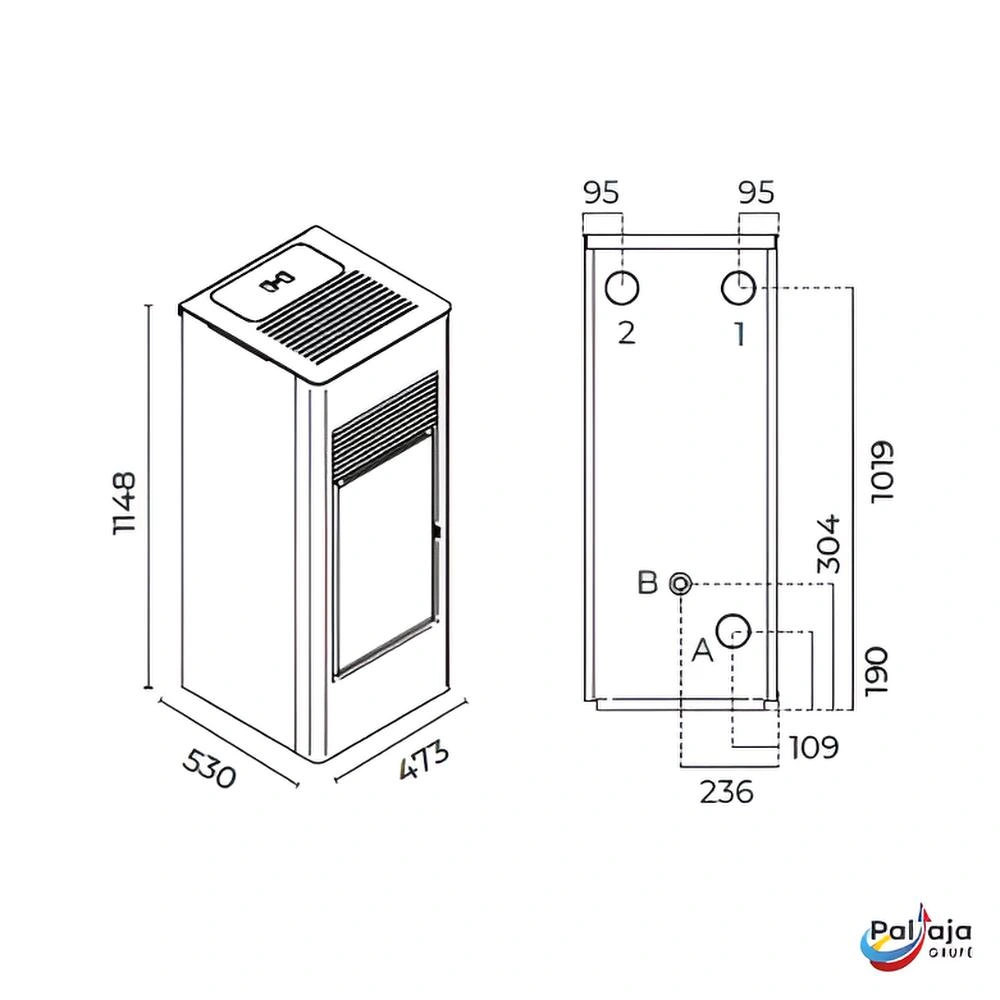 Granulinė krosnelė EvaCalor DORIA 14kW matmenys