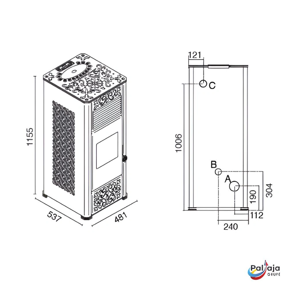 Granulinė krosnelė EvaCalor GEMMA 14kW matmenys