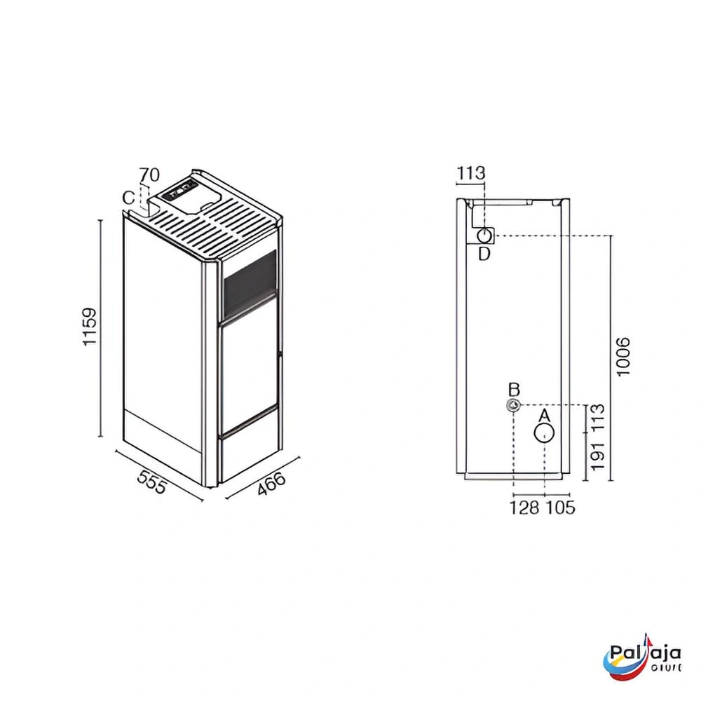 Granulinė krosnelė EvaCalor INES 14kW matmenys