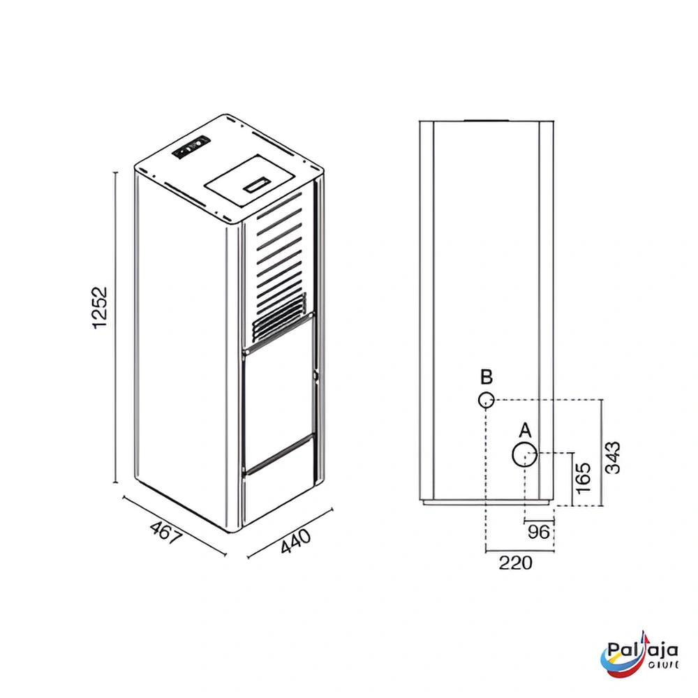 Granulinė krosnelė EvaCalor KAREN 8kW matmenys