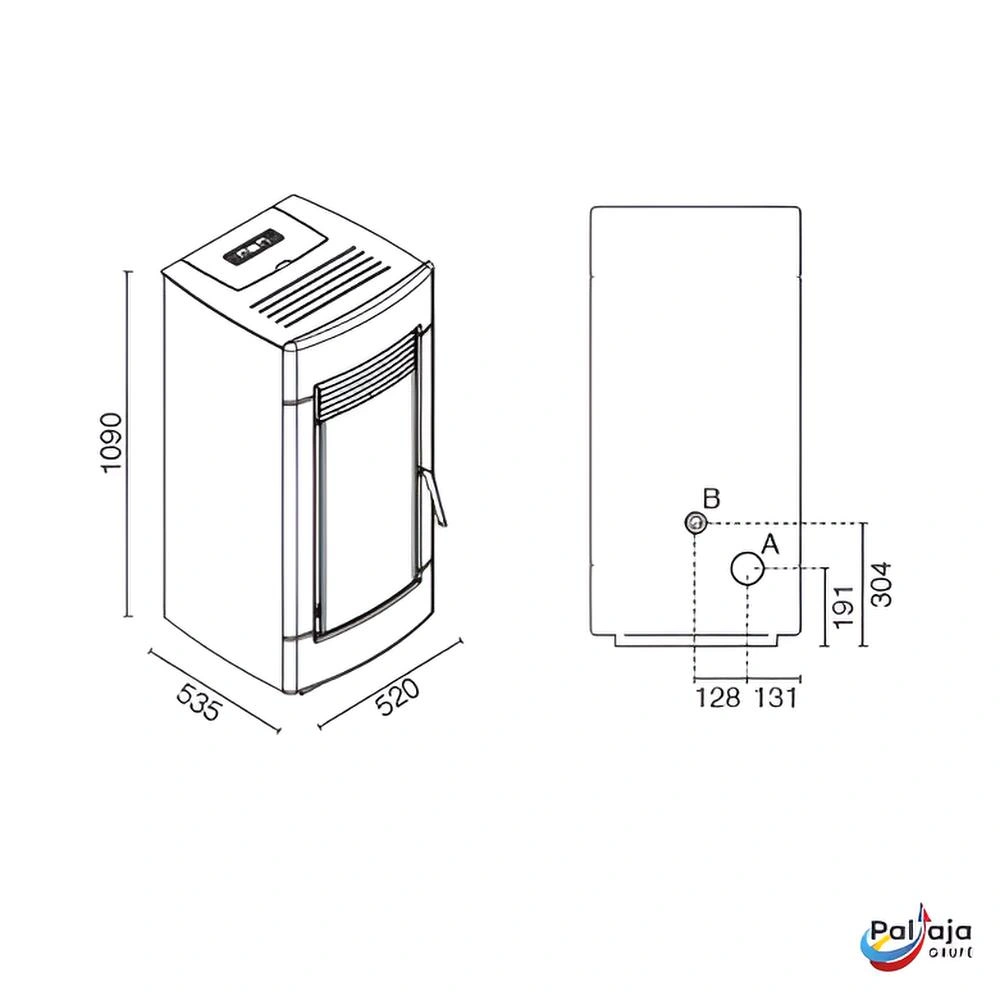 Granulinė krosnelė EvaCalor LAURA 12.5kW matmenys