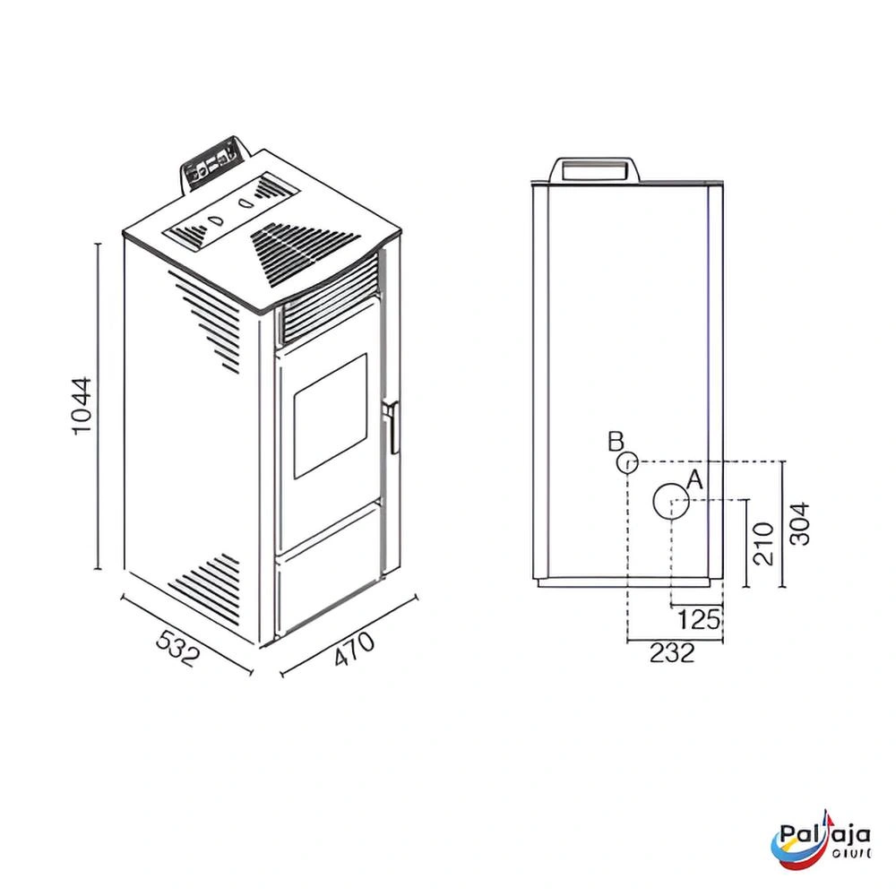 Granulinė krosnelė EvaCalor PAOLA 12.5kW matmenys