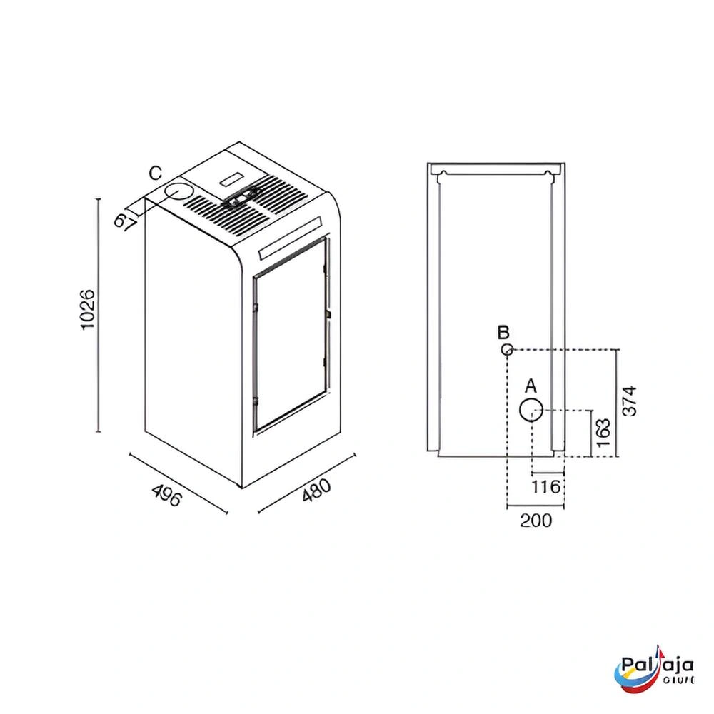 Granulinė krosnelė EvaCalor ROSA 9.9kW matmenys