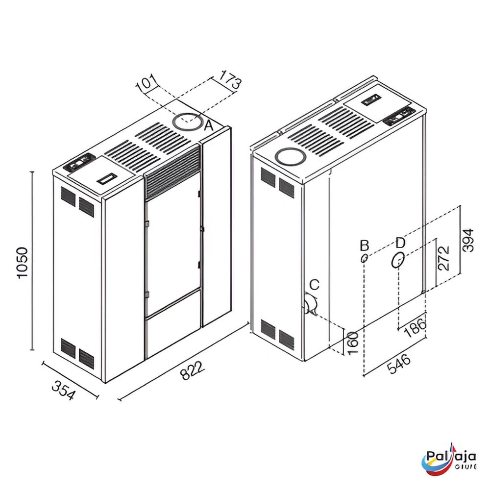Granulinė krosnelė EvaCalor Slim DENISE 9.9kW matmenys