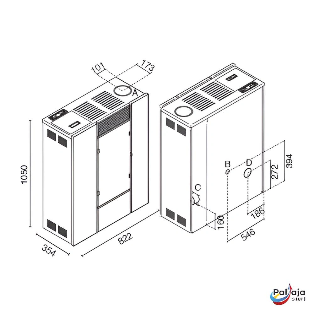 Granulinė krosnelė EvaCalor Slim RACHELE 9.9kW matmenys