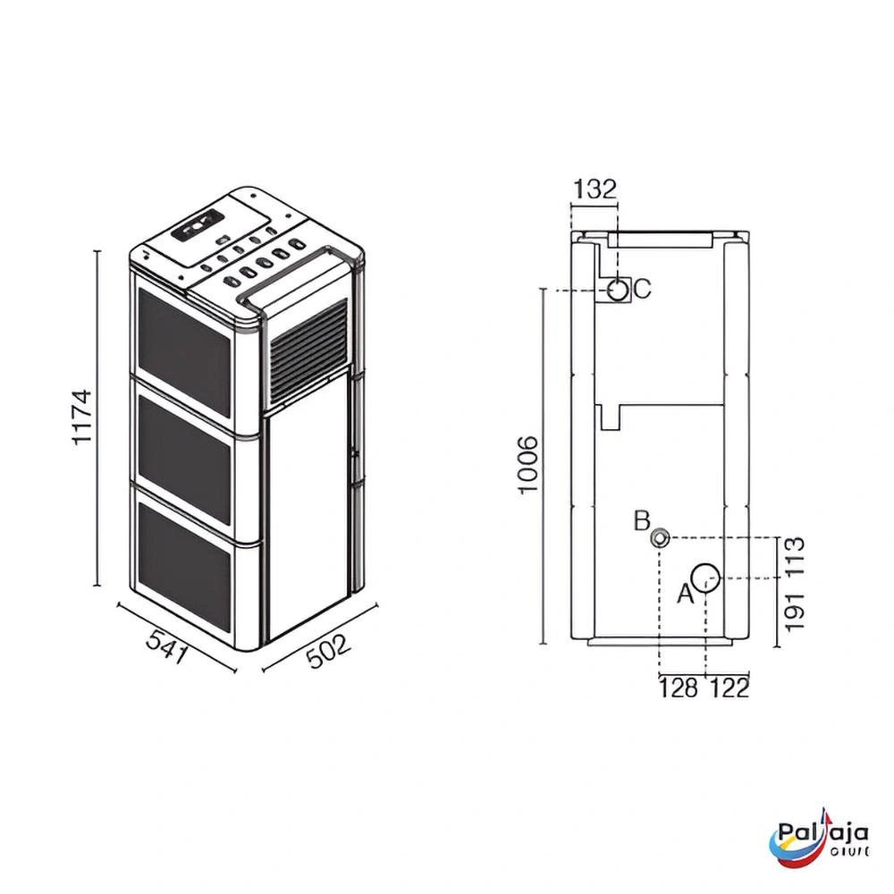 Granulinė krosnelė EvaCalor ZOE 14kW matmenys