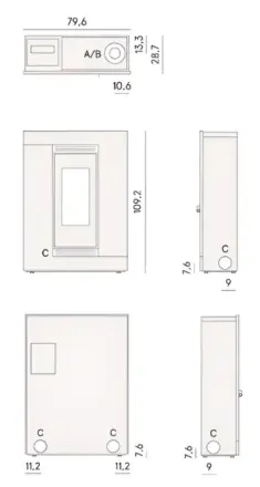 Granulinė krosnelė Luce Plus 9 Up-Twin matmenys
