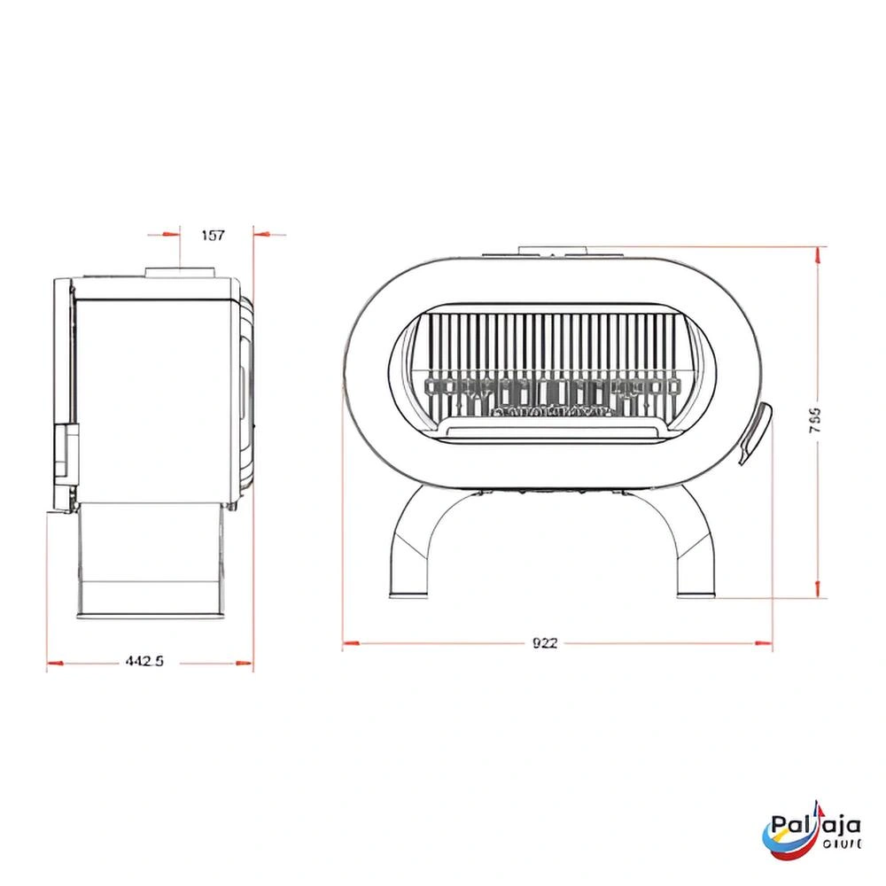 Ketinė krosnelė Invicta FIFTY ant arkinių kojų 10kW matmenys