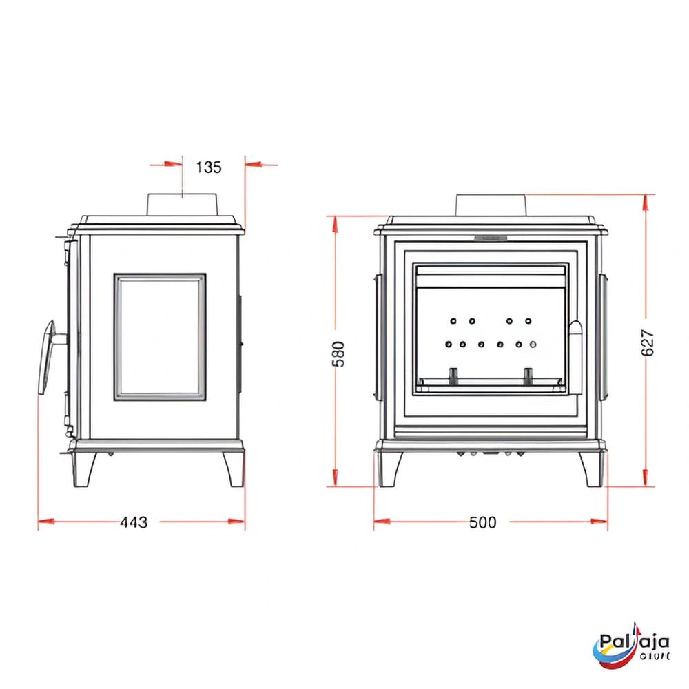 Ketinė krosnelė Invicta Sedan S 5kW matmenys