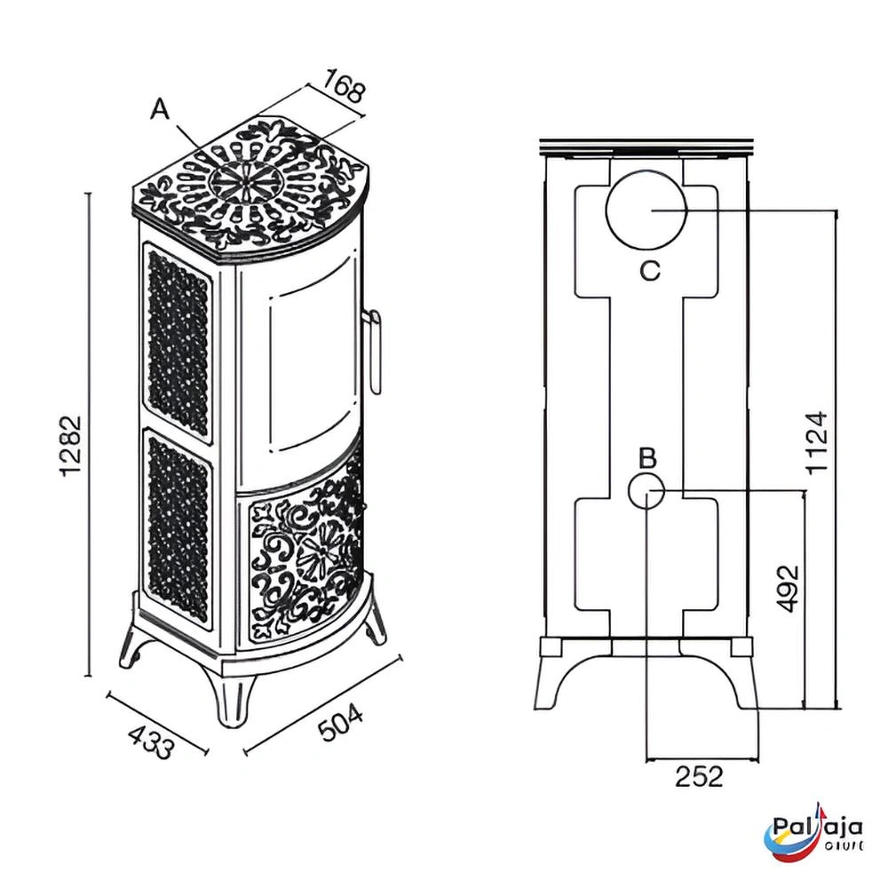 Malkinė krosnelė EvaCalor ALBERTA 8kW matmenys