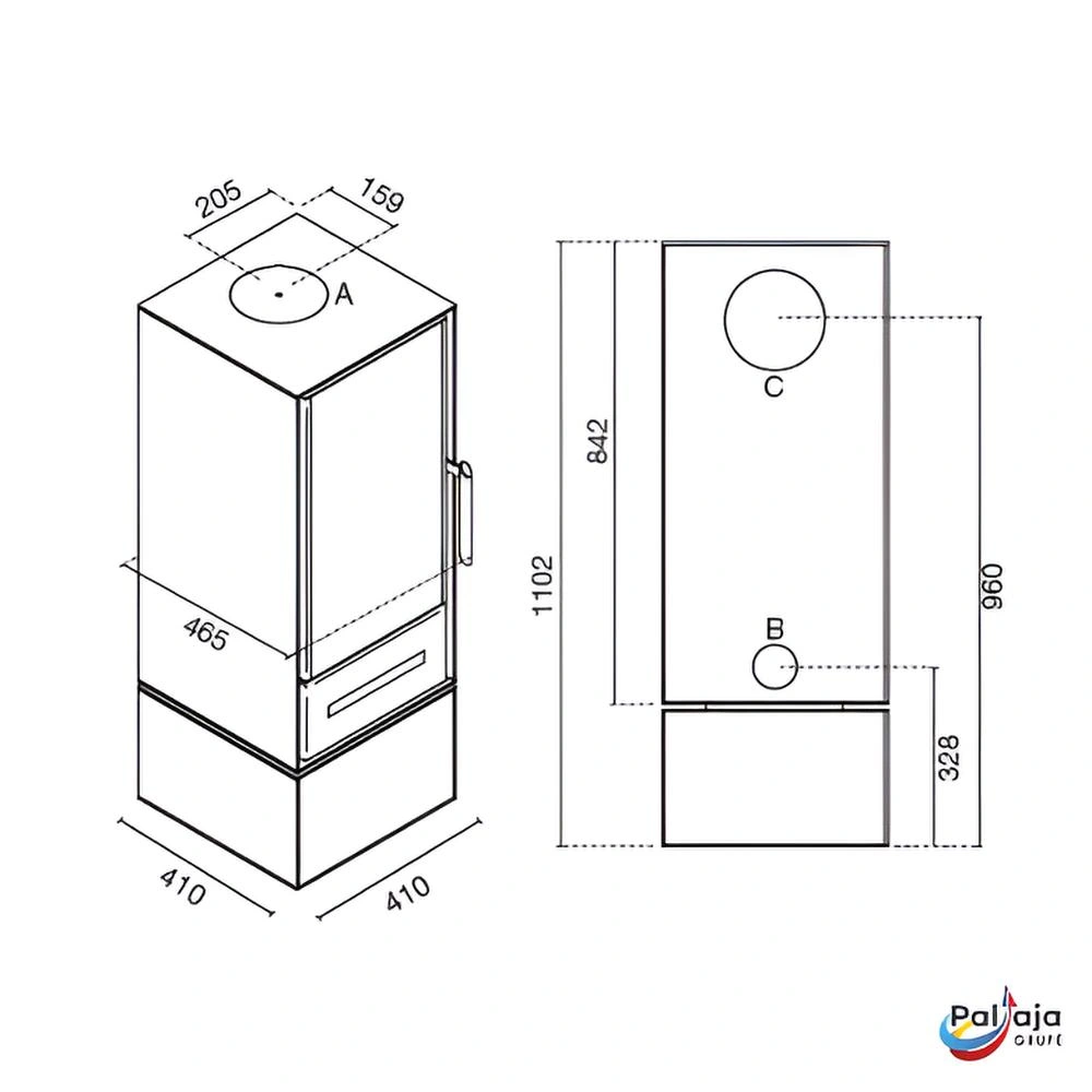 Malkinė krosnelė EvaCalor REGINA 8kW matmenys