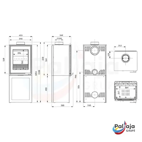 Malkinė krosnelė KAWMET HARITA S15i L-BOX ECO matmenys