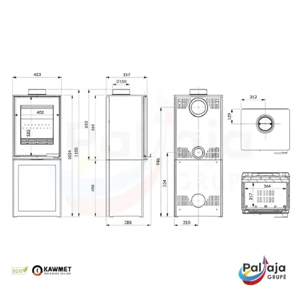 Malkinė krosnelė KAWMET HARITA S15v L-BOX Decor ECO matmenys