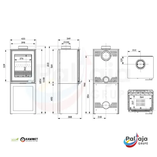 Malkinė krosnelė KAWMET HARITA S15v L-BOX ECO matmenys