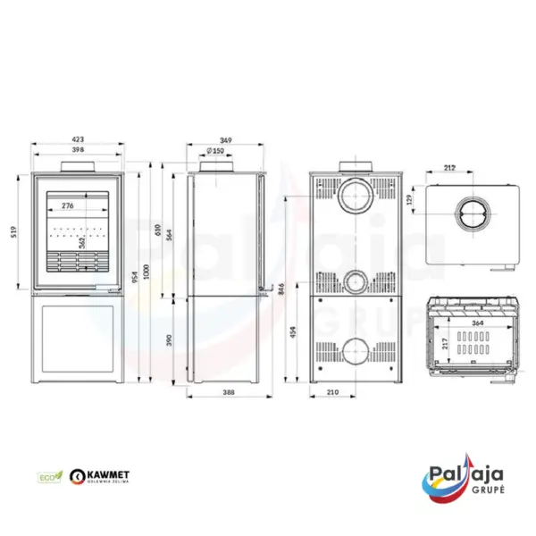 Malkinė krosnelė KAWMET HARITA S15v S-BOX ECO matmenys