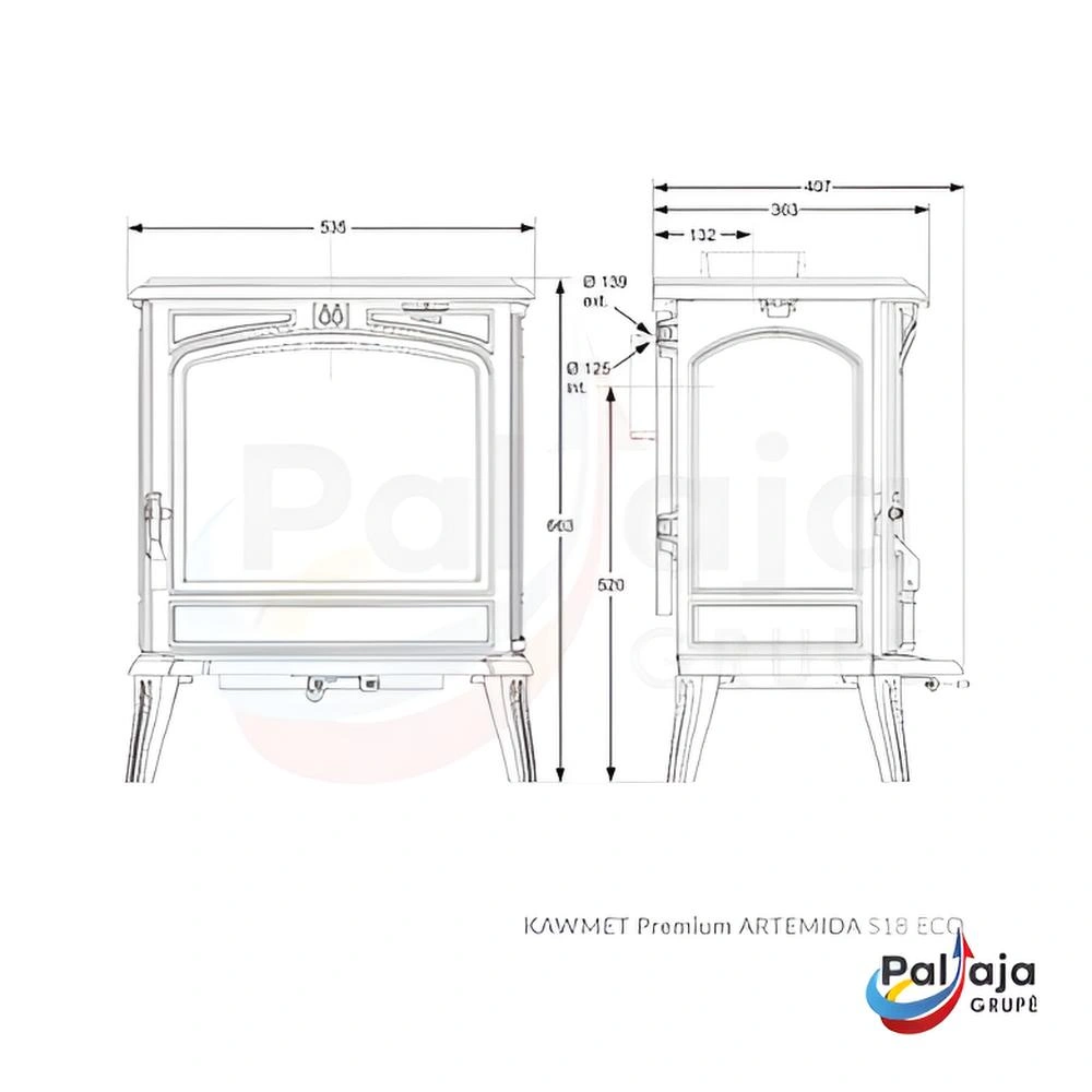 Malkinė krosnelė KAWMET Premium ARTEMIDA S18 ECO matmenys