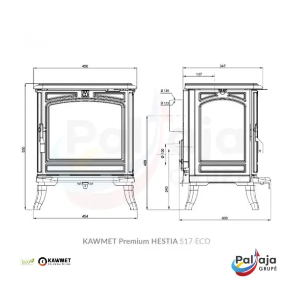 Malkinė krosnelė KAWMET Premium HESTIA S17 ECO matmenys