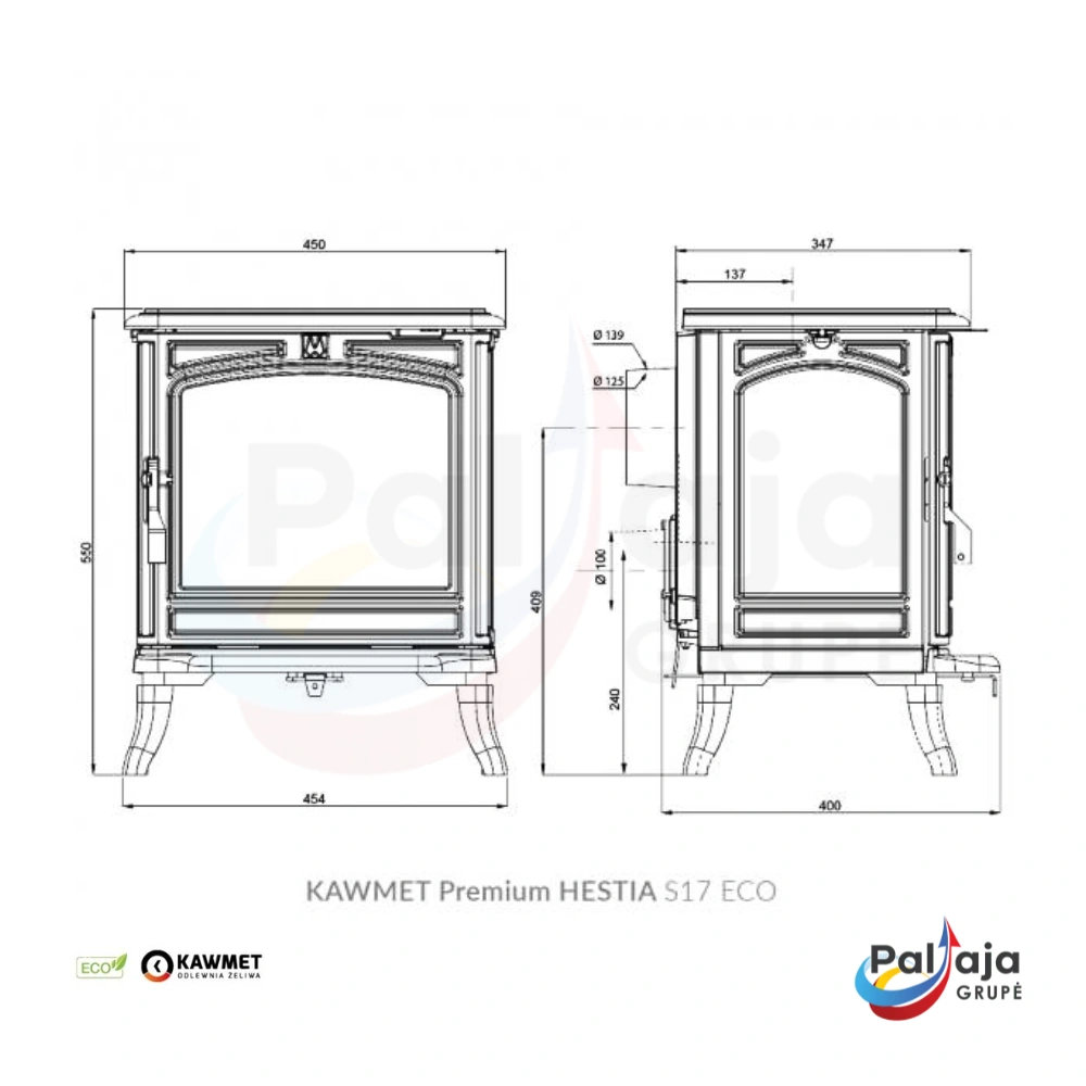 Malkinė krosnelė KAWMET Premium HESTIA S17 ECO matmenys