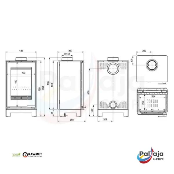Malkinė krosnelė KAWMET VENUS S16 Basic Decor ECO matmenys