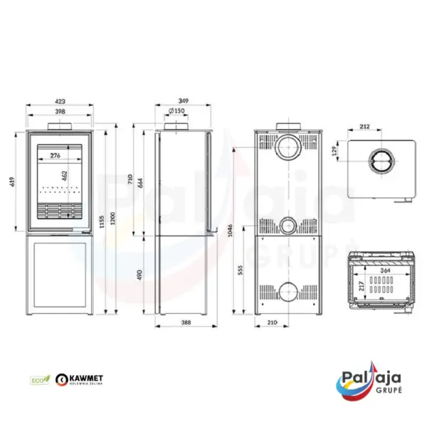 Malkinė krosnelė KAWMET VENUS S16 L-BOX ECO matmenys