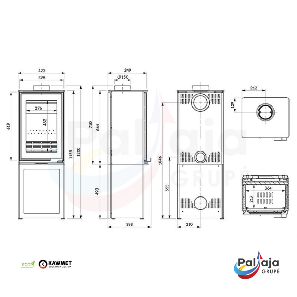 Malkinė krosnelė KAWMET VENUS S16 L-BOX ECO matmenys