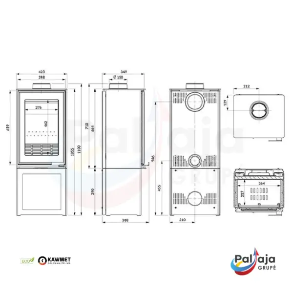 Malkinė krosnelė KAWMET VENUS S16 S-BOX ECO matmenys