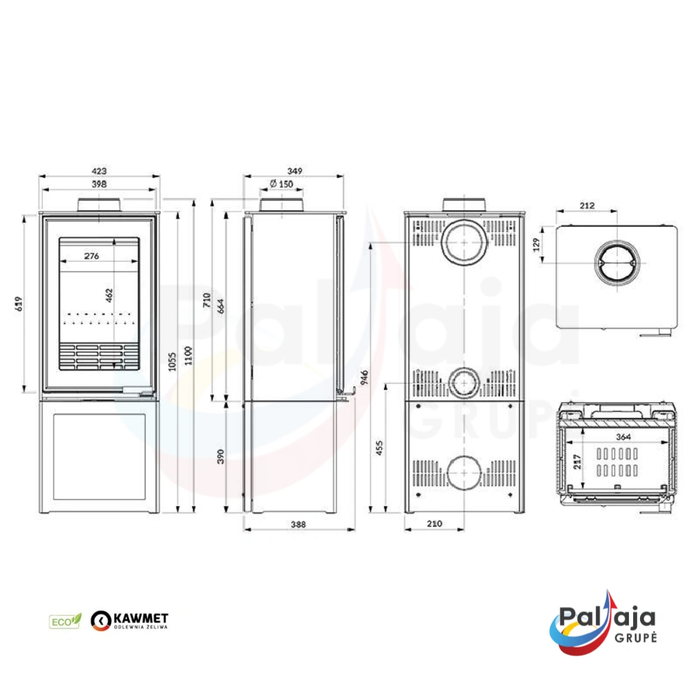 Malkinė krosnelė KAWMET VENUS S16 S-BOX ECO matmenys