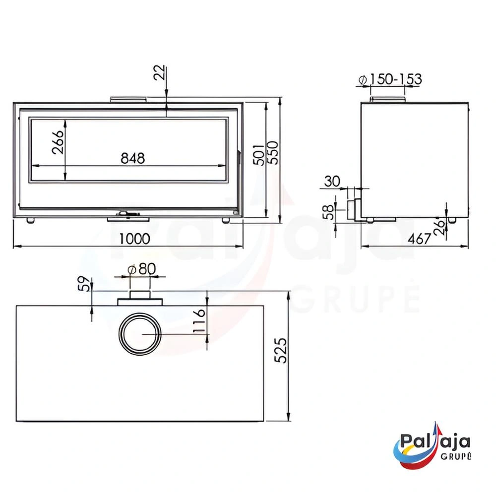 Malkinė krosnelė Kunst Ebano 8.9 kW matmenys
