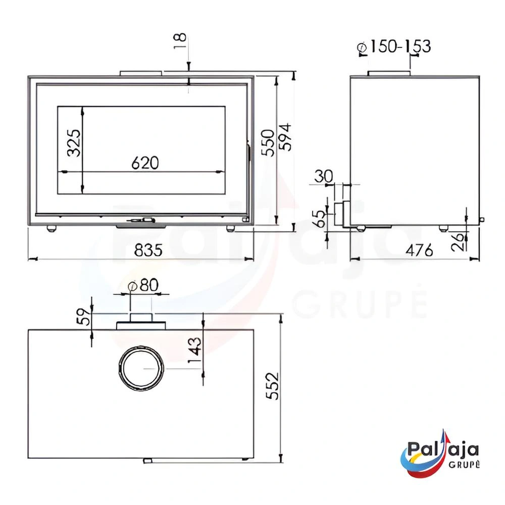 Malkinė krosnelė Kunst Insert Quercus 7 kW matmenys