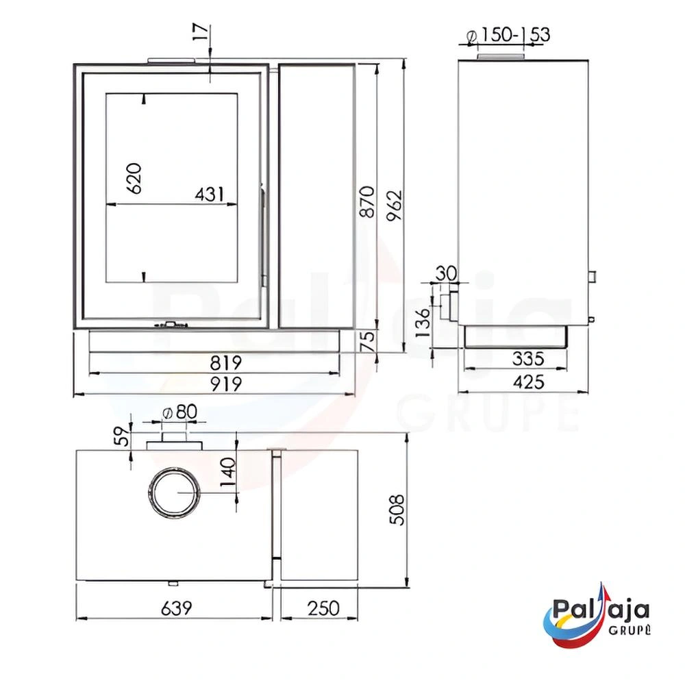 Malkinė krosnelė Kunst Sequoia Side Store 8.7 kW matmenys