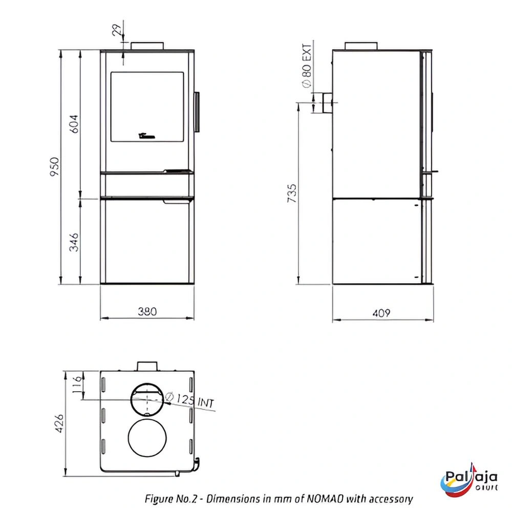 Malkinė krosnelė Lacunza Nomad 4.5 kW matmenys su aksesuaru
