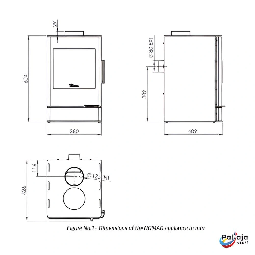Malkinė krosnelė Lacunza Nomad 4.5 kW matmenys