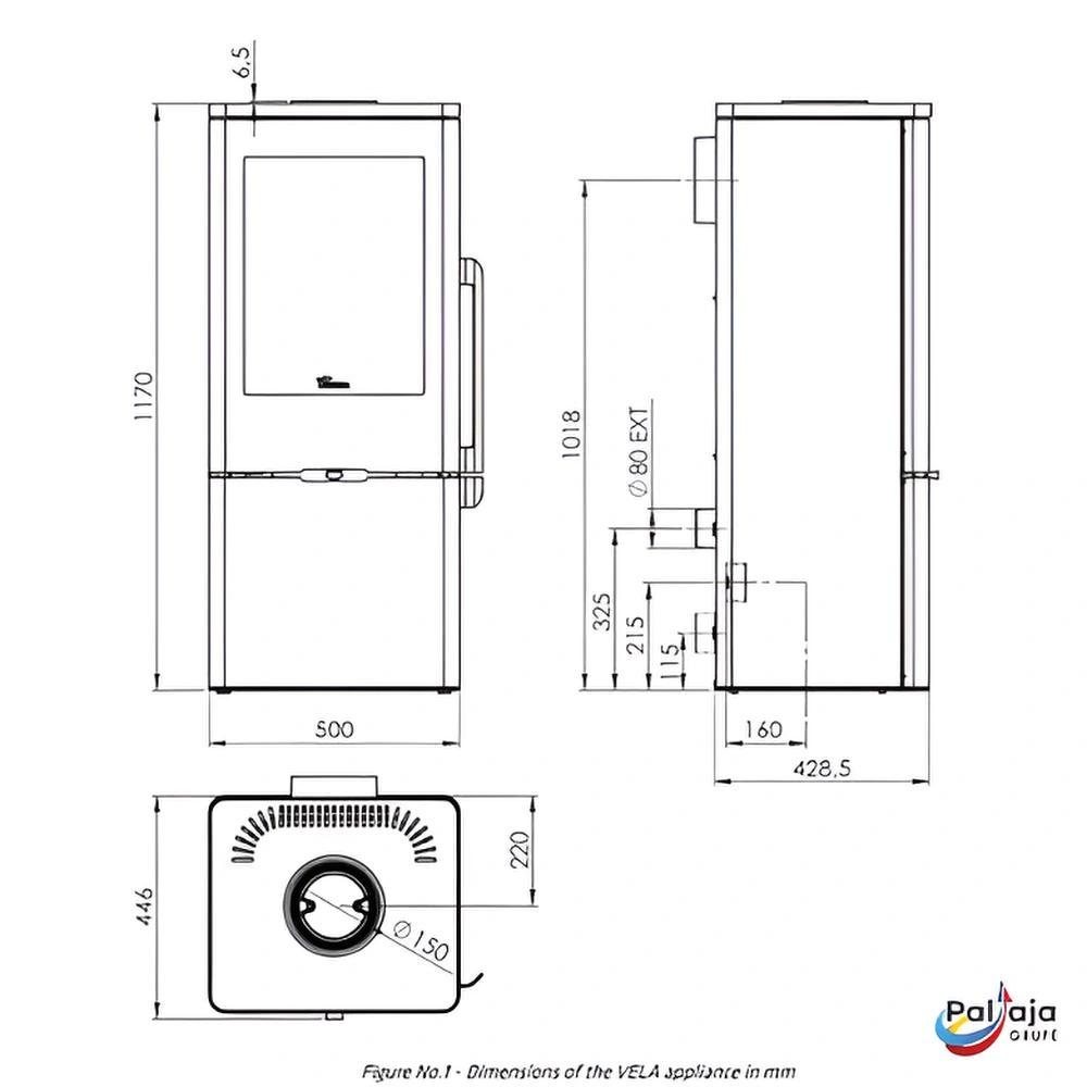 Malkinė krosnelė Lacunza Vela 5.5–7.1 kW matmenys
