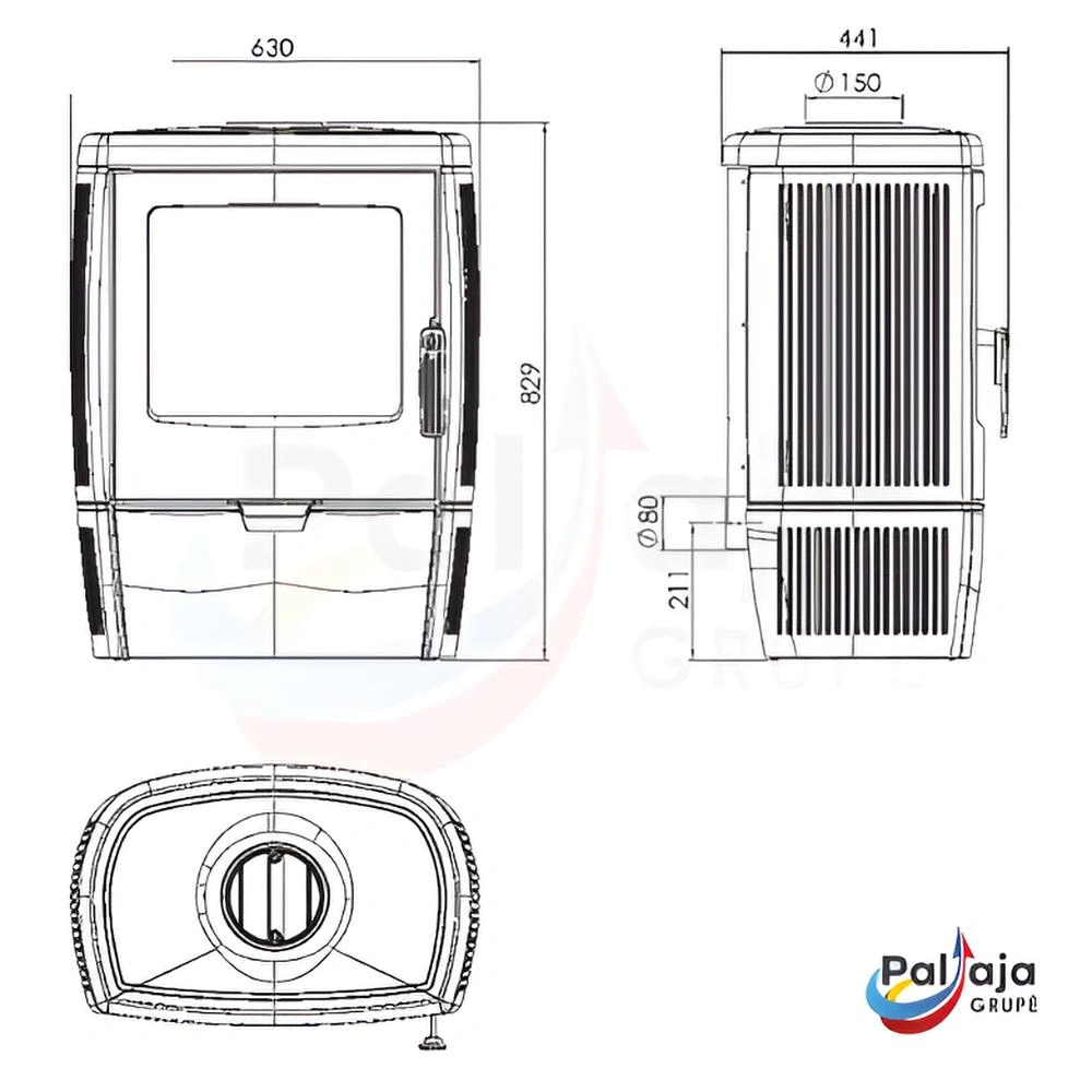 Malkinė krosnelė Plamen Alberto 8.6 kW matmenys