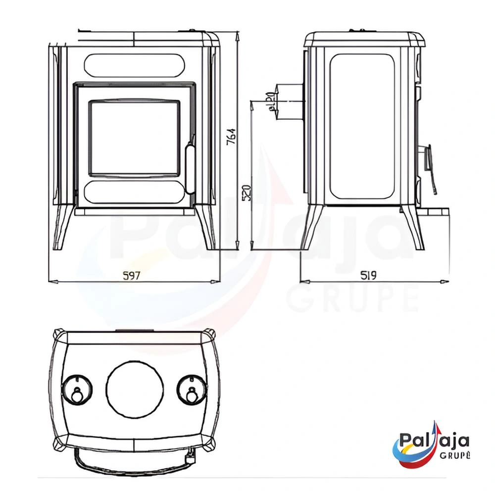 Malkinė krosnelė Plamen Amity 3 8 kW matmenys