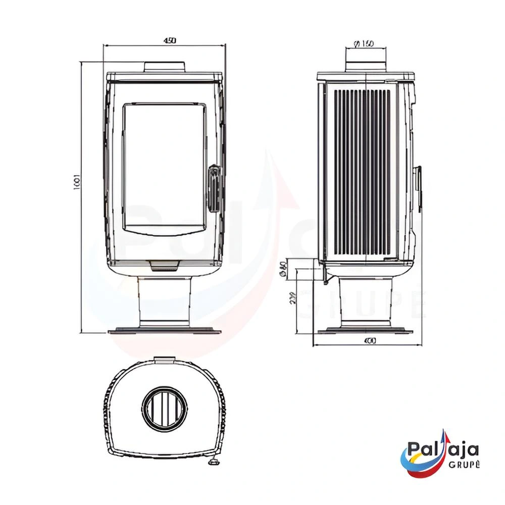 Malkinė krosnelė Plamen Aria 8 kW matmenys