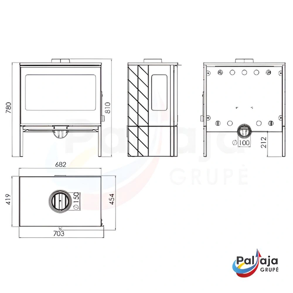 Malkinė krosnelė Plamen Eco 50 12 kW matmenys