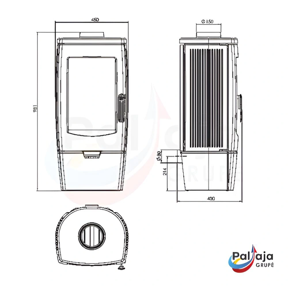 Malkinė krosnelė Plamen Gala 8 kW matmenys