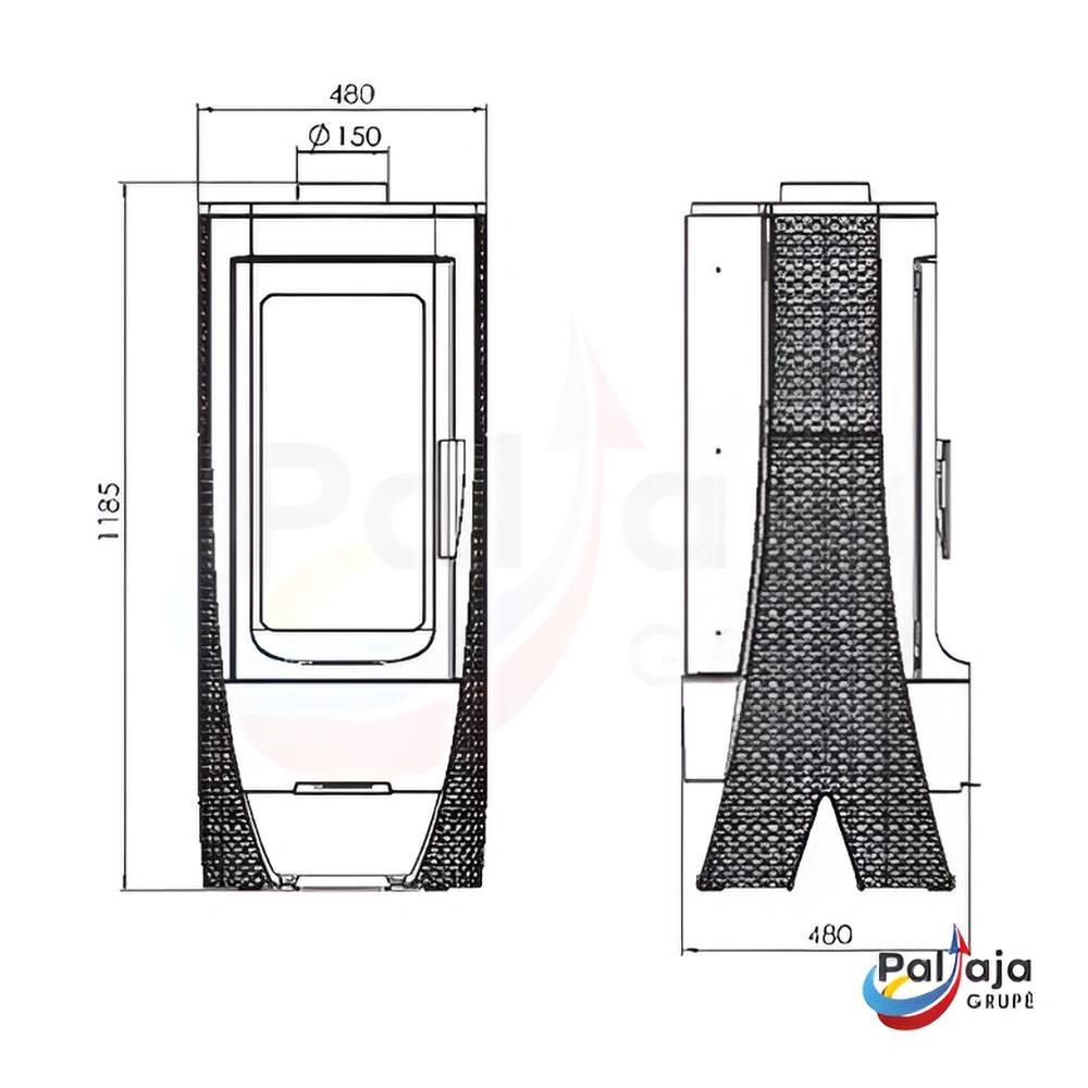Malkinė krosnelė Plamen Nera 13 kW matmenys