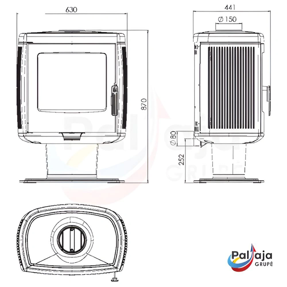 Malkinė krosnelė Plamen Roberto 8.6 kW matmenys