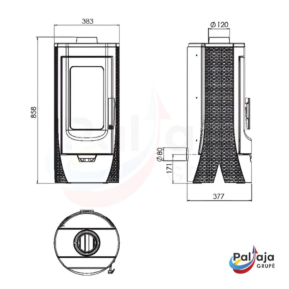 Malkinė krosnelė Plamen Tara 6 kW matmenys