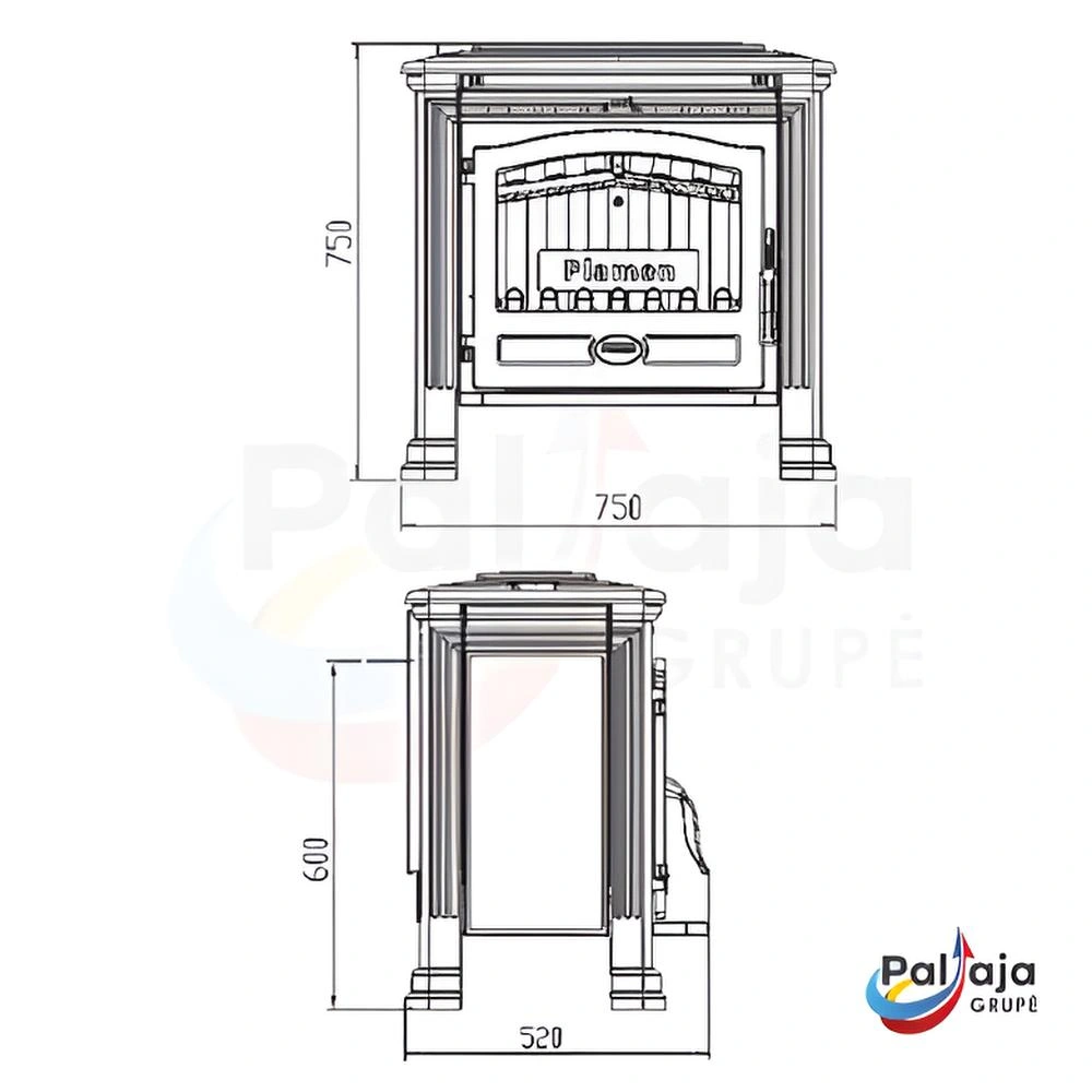 Malkinė krosnelė Plamen Tena N 9.5 kW matmenys