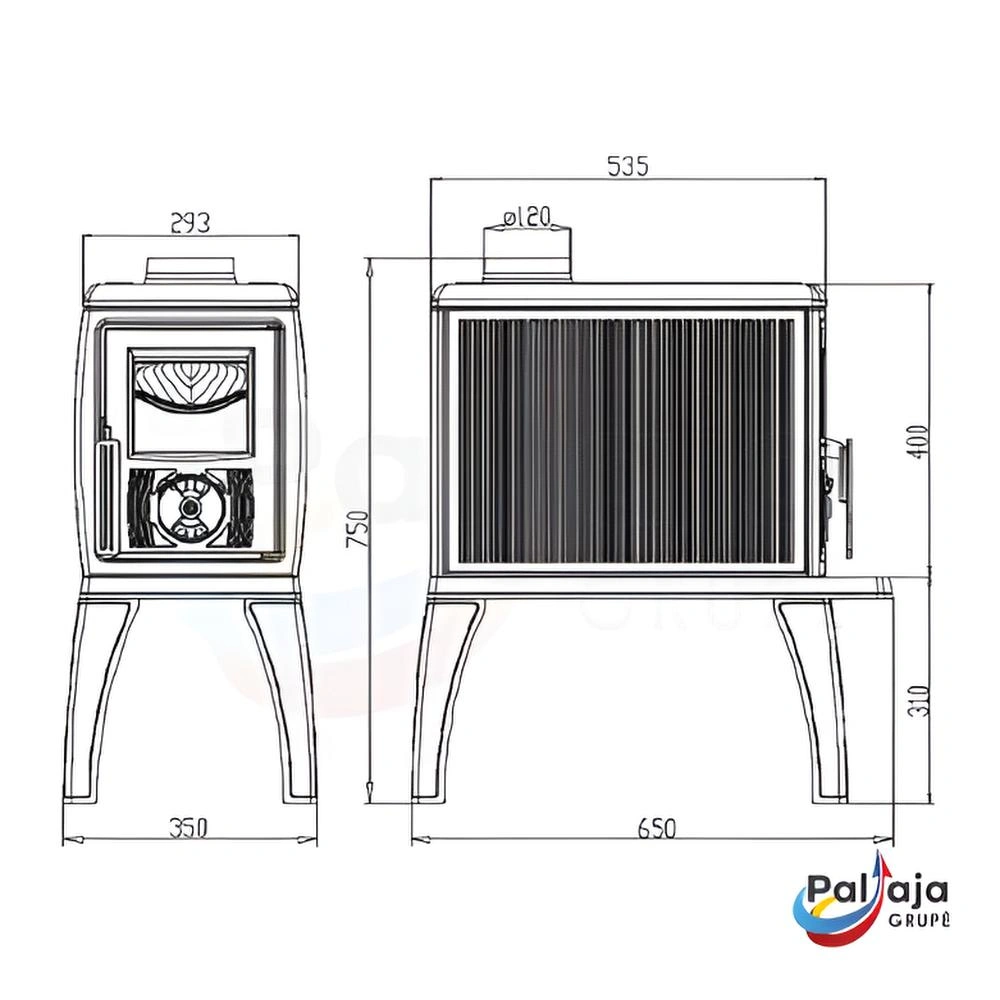 Malkinė krosnelė Plamen Trenk 8.9 kW matmenys