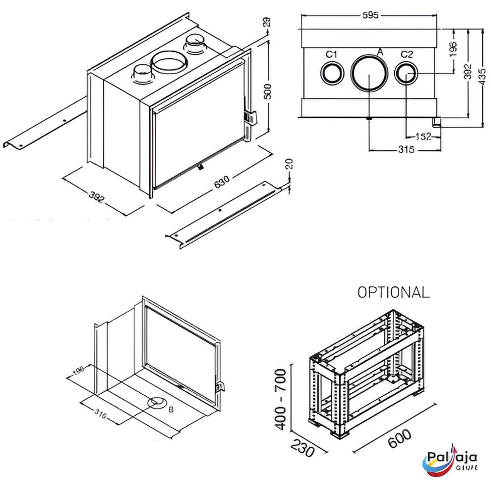 Malkinis židinys EvaCalor DIEGO 8, 7kW matmenys