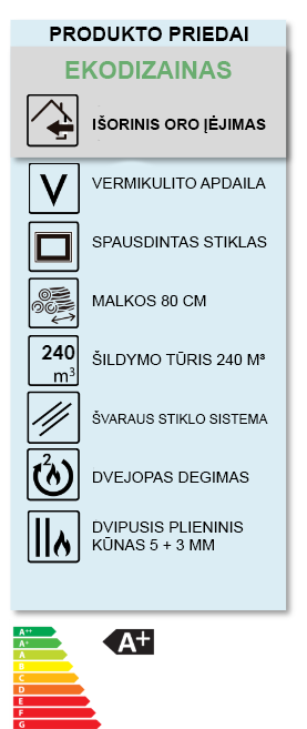 Malkinė krosnelė Denia Panoramic 9kW ypatybės ir etiketės