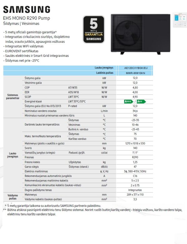 Šilumos siurbliai Samsung EHS Mono R290 12kW PUMP - Image 2