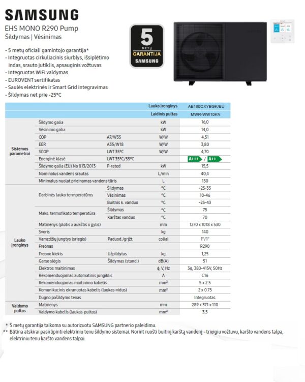 Šilumos siurbliai Samsung EHS Mono R290 16kW - Image 2