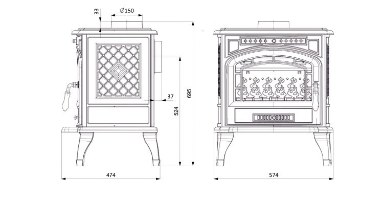 Malkinė krosnelė KAWMET P7 (9,3 kW) ECO matmenys